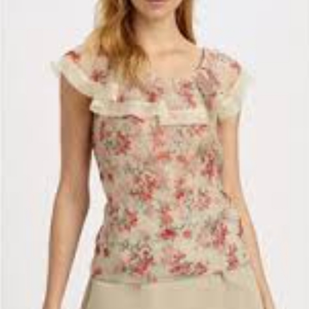 Red Valentino Sleeveless Silk Organzia Floral Ruffle Top